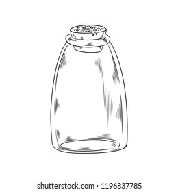 Glass empty bottle jar. Vector illustration of kitchen object doodle style sketch. Black lineart drawing isolated on white. Design for coloring book page