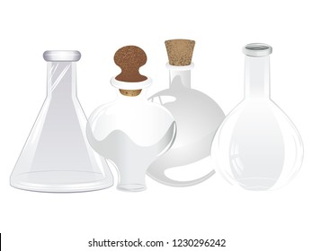 Glass empty bottle, laboratory flask design illustration.