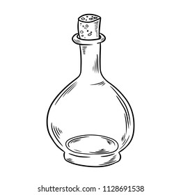 Glass empty bottle. Vector illustration of kitchen object doodle style sketch. Black lineart drawing isolated on white. Design for coloring book page for adults and kids.