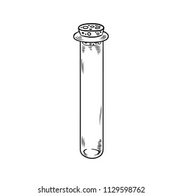 Glass empty bottle. Vector illustration of alchemy tube or vial object doodle style sketch. Black lineart drawing isolated on white. Design for coloring book page