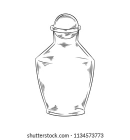 Glass empty bottle. Vector illustration of kitchen object doodle style sketch. Black lineart drawing isolated on white. Design for coloring book page