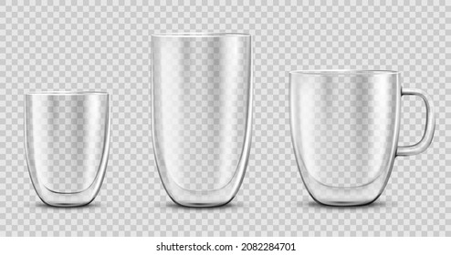 Glass Empty Coffee Cup, Isolated On Transparent Background. Double Walled Glass Mug With Hot Drink, Cappuccino Or Latte. Mockup For Brand Advertising.Vector 3d Realistic Illustration