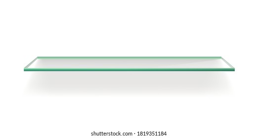Estante verde de vidrio vacío sobre fondo blanco. Moderno panel de rectángulo realista, superficie con sombra. Ilustración vectorial del elemento de interfaz de diseño. Librería de Office o presentación.