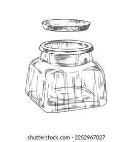 Glass empty jar for spices with lid, hand drawn engraving or etching vector illustration isolated on white background. Glass kitchen storage jar for spices and preserves.