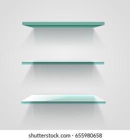 Glass empty shelves on white wall. Vector mockup