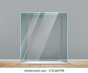Glass empty transparent cube indoors. Showcase for presentation. Vector template