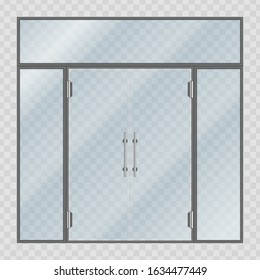 Glass entrance door in realistic style. Shopping center mall entrance automatic doors isolated on transparent background. Glass store facade. Shopfront window or Store boutique showcase. Vector.