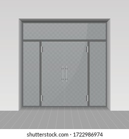 Glass entrance door in realistic style. Shopping center mall entrance automatic doors isolated on transparent background. Glass store facade. Shopfront window or Store boutique showcase. Vector.