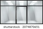 Glass entrance door. Shopping center mall entrance automatic doors with reflection and black frame. Store facade with storefront and exhibition lights. Realistic vector illustration