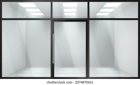 Puerta de entrada de vidrio. Puerta automática de entrada al centro comercial con marco negro y reflejo. Tienda fachada con escaparate y luces de exposición. Ilustración vectorial realista