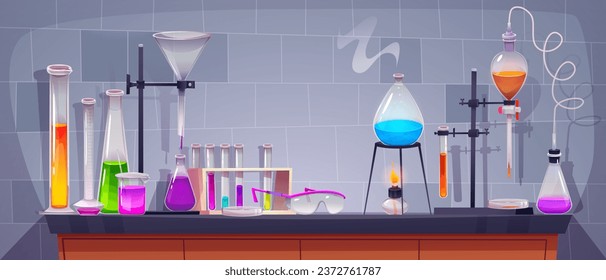 Glass equipment on table in laboratory during chemistry experiment. Cartoon vector illustration of glassware with colorful liquids in science lab. Scientific or medical research test flask and beakers