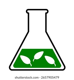 Glass erlenmeyer flask with black outline green leaf clip art vector illustration. Eco science biochemical with laboratory glass