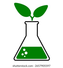 Glass erlenmeyer flask with green leaf clip art vector illustration. Eco science biochemical with laboratory glass