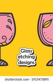 Glass etching designs brochure. Handmade wine glass with decoration. Hobby cover design layout templates. Vector template illustration with icons for marketing material, ads and magazine