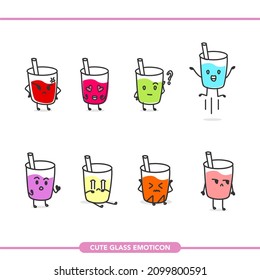 Glass Faces with various Emotions. Crayon drawing style. Different colorful characters. Cartoon style. Flat design. Hand drawn trendy Vector