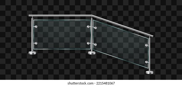 Glass fence or balustrade with metal racks. Fencing sections with steel pillars. Realistic vector illustration isolated on transparent background.