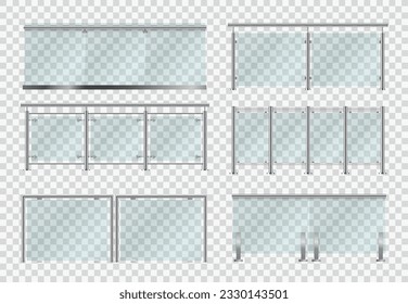 Glass fence, banister, realistic balustrade rail isolated 3d vector set. Architectural plexiglass guardrail for balcony or office terrace mockup, transparent partition with metal poles front view