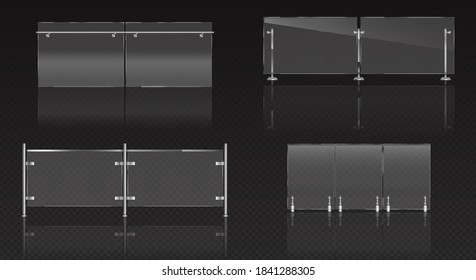 Glass Fence Section, Plexiglass Balustrade With Metal Railing And Transparent Sheets For Pool, Home Stairways Or House Balcony. Acrylic Banisters Or Fencing Barrier With Steel Pillars Realistic 3d Set