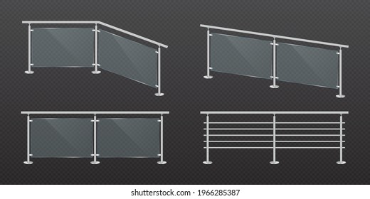 Glass fence section with steel railing. Transparent acrylic fencing handrail balustrade with metal banister. Plexiglass barrier for modern terrace, balcony or staircase. Realistic vector illustration.