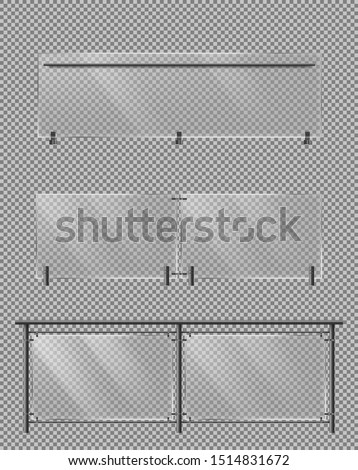 Glass fence sections set with metallic tube handrails and transparent plexiglass sheets for house stairways, building balcony or terrace, roadside fencing isolated 3d realistic vector illustrations
