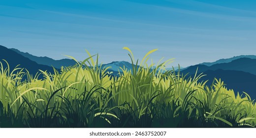 Glass field and mountain ranges spring season flat design graphic illustration. Environment concept template have blank space.