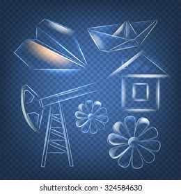 Glass figures on transparent background. Working oil pump. Small glass house. Abstract glass flower. Vector illustration, contains transparencies, gradients and effects.