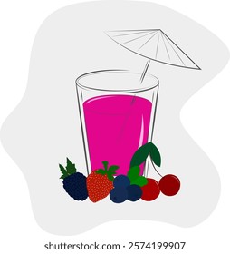 A glass filled with a cocktail or drink, with an umbrella on top. The bottom part near the glass depicts cherries, blueberries, strawberries and blackberries. The image is placed on a neutral backgrou