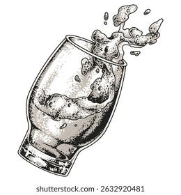 A glass filled with craft beer splashes as it is poured. The scene captures the lively essence of a brewery showcasing the excitement around enjoying quality beverages with friends.