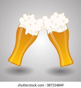 Glass filled of golden light beer with overflowing froth heads.