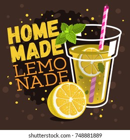 Glass Filled Up With Homemade Lemonade With A Branch Of Mint, Sliced Lemon And A Straw Illustrations. Vector Graphic.