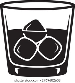 A glass filled with ice cubes and a dark beverage, possibly whiskey or soda. silhouette vector icon