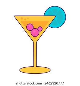 Glass filled with Martini and garnished with slice of citrus. Tall glass goblet with tropical cocktail. Summer holiday icon. Simple stroke vector element isolated on white background