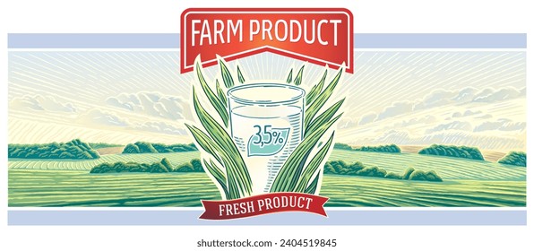 Glass filled with milk stands in the grass on an agricultural meadow, against the background of a rural landscape decorated with design elements for use as a design packaging milk products.