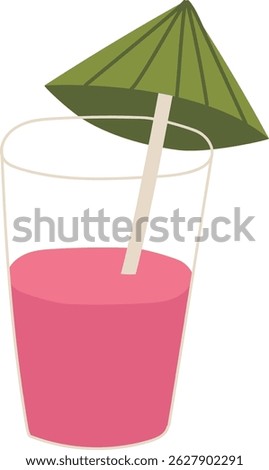 A glass filled with pink beverage features a small paper parasol on a straw. This refreshing image shows a summery drink with a tiny decorative umbrella.