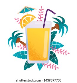 Glass Filled Tropical Fruit Cold Juice Advertising Cartoon Banner. Exotic Lemonade with Straw and Umbrella over Palms and Trees Leaves. Orange Fresh Drink. Vector Flat Isolated Illustration