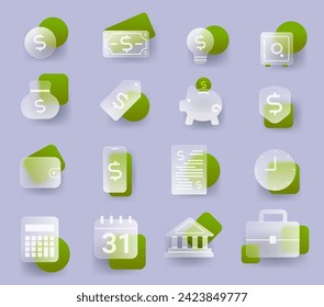 Glass financial icons set. Banking glassmorphism style vector signs