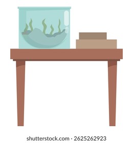 Glass fishbowl aquarium with green plants inside sitting on a wooden table with cardboard boxes