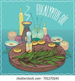 Glass Flacon of Eucalyptus oil and leaves of Eucalyptus plant. Fragrances essential oil in diffuser. Natural vegetable oil used for aromatherapy. Vector illustration