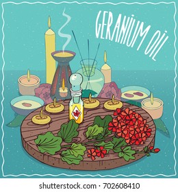 Glass Flacon of Geranium oil and flowers of Pelargonium graveolens plant. Fragrances essential oil in diffuser. Natural vegetable oil used for aromatherapy. Vector illustration