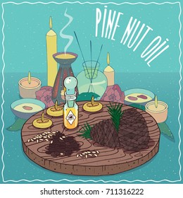 Glass Flacon of Pine nut oil and nuts and seeds of Pine plant. Fragrances essential oil in diffuser. Natural vegetable oil used for aromatherapy. Vector illustration