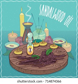 Glass Flacon of Sandalwood oil and chips and billets cut of Sandal plant. Fragrances essential oil in diffuser. Natural vegetable oil used for aromatherapy. Vector illustration