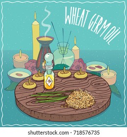 Glass Flacon of Wheat germ oil and Cereal germs. Fragrances essential oil in diffuser. Natural vegetable oil used for aromatherapy. Vector illustration