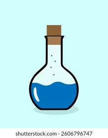glass flask with blue liquid on a light blue background,