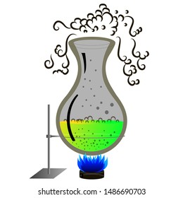 Glass flask with boiling liquid over a fire.