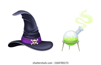 Glass flask with boiling potion and witch hat. Witchcraft objects set cartoon vector illustration