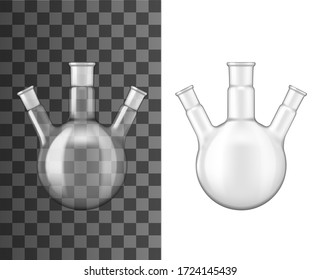 Glass flask, chemical laboratory glassware beaker, vector 3D realistic mockup. Three necks glass vial or round vial test, chemistry research jar, empty isolated on transparent background