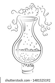 Glass flask with a chemical reaction inside. Flask for experiments with fire below.