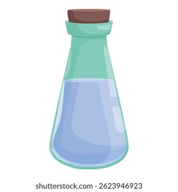 Glass flask is containing a blue potion and closed with a cork stopper