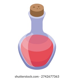 Glass flask containing a red potion, sealed with a cork stopper, in isometric view
