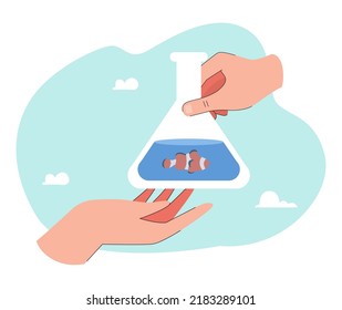 Glass flask with fish in human hands flat vector illustration. Fish swimming in test tube. Ecology, problem, protection concept for banner, website design or landing web page